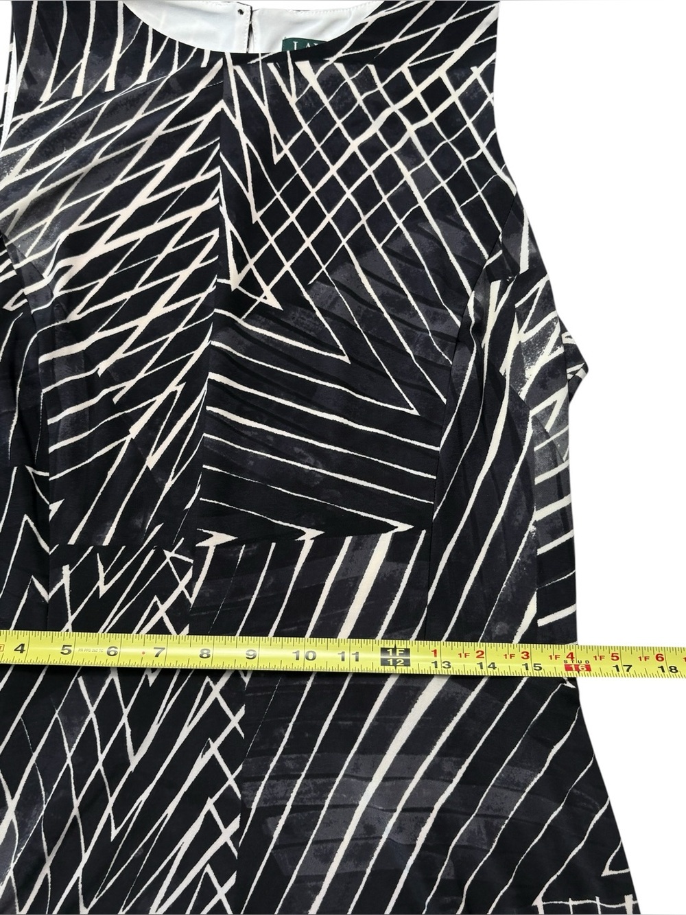Lauren Ralph Lauren Geometric Midi Dress 12 Tie Waist Black Gray Ivory - Picture 9 of 13